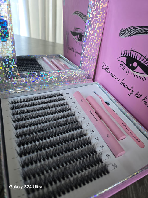 Bella Mirror Beauty Kit Lash - Complete Evelash Extension Set with Pink Case and Tools for Professional Use Eyelashes Extensions