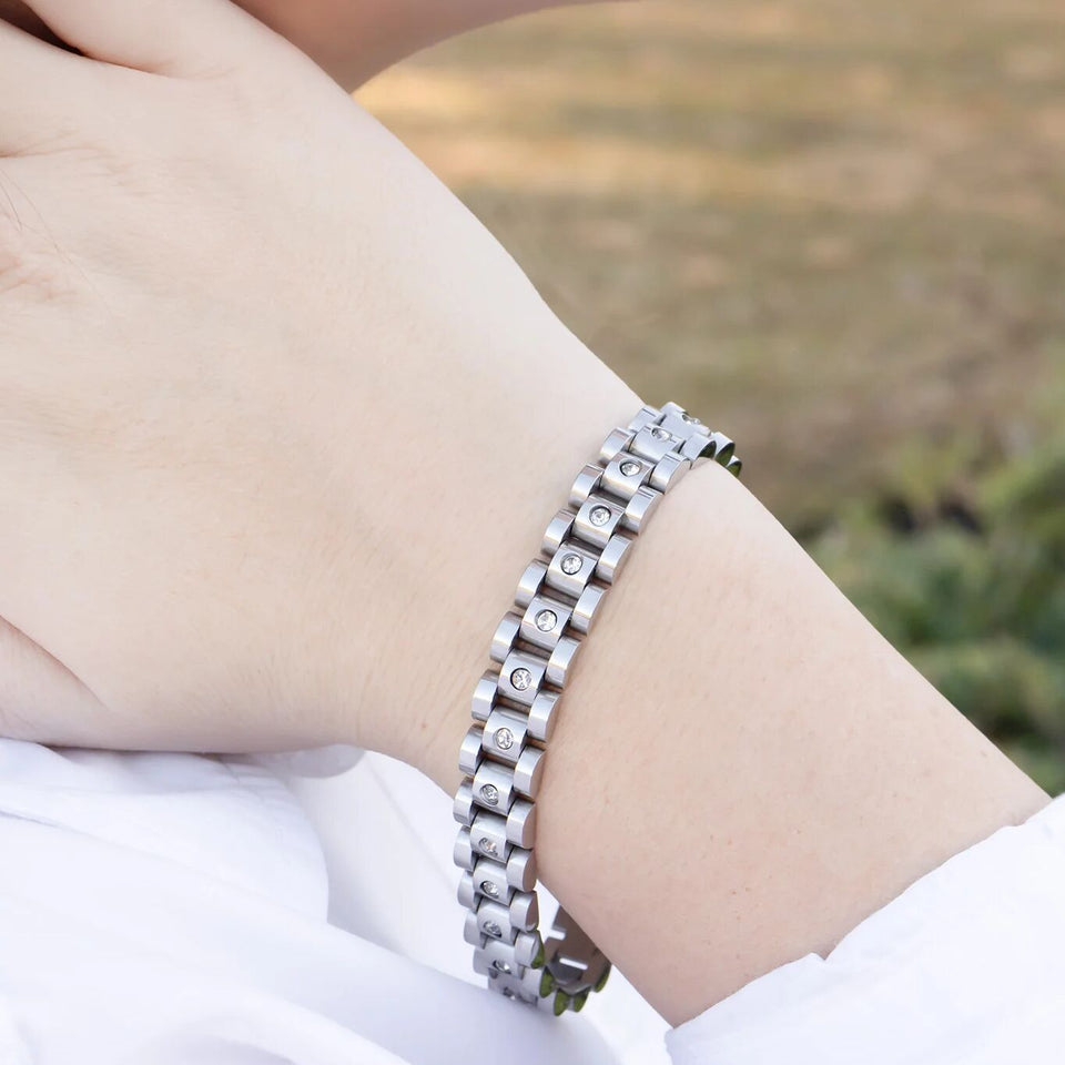 18K Gold & Stainless Steel Watch With Stones Band Bracelet for Men Women