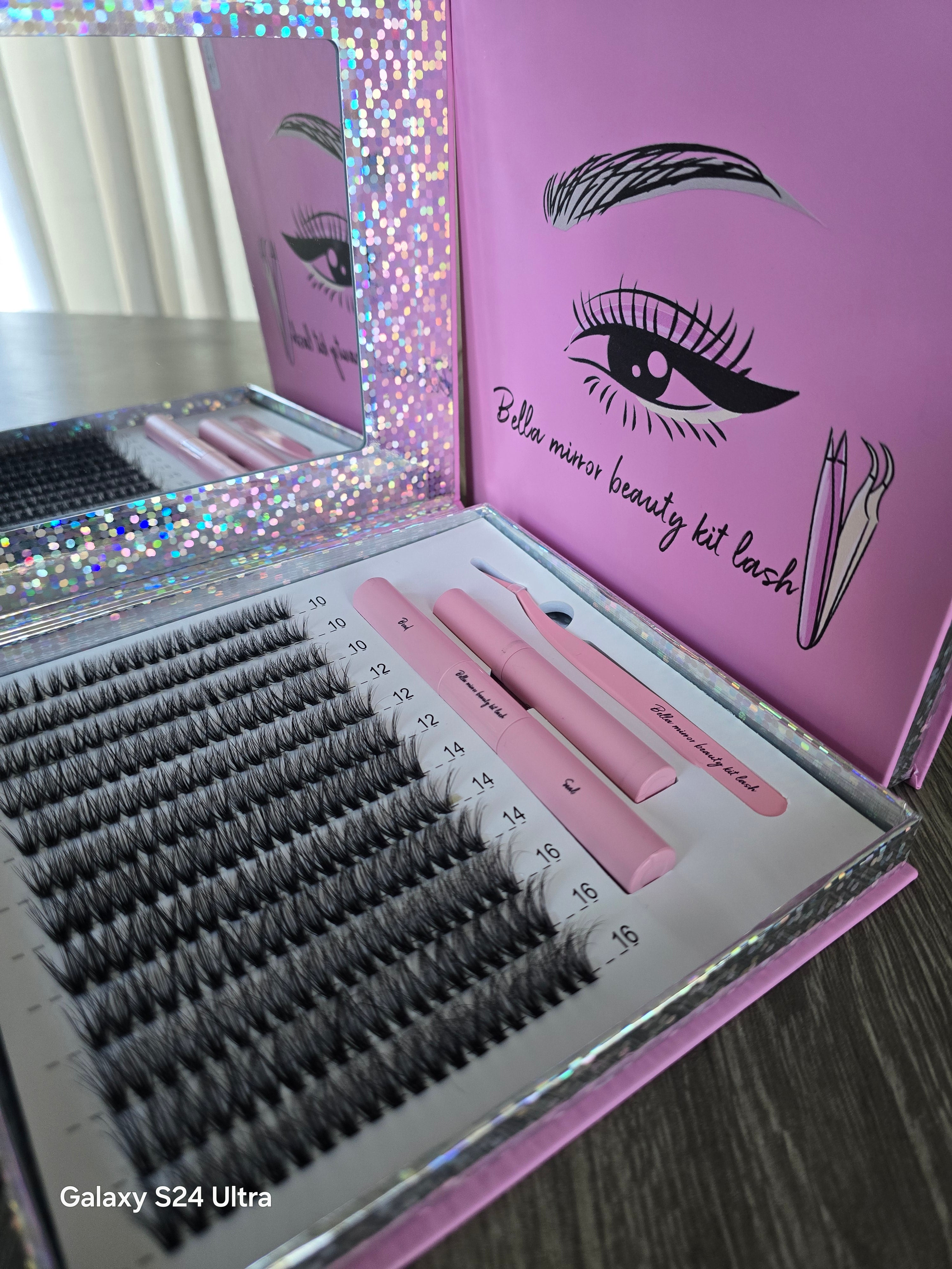Bella Mirror Beauty Kit Lash - Complete Evelash Extension Set with Pink Case and Tools for Professional Use Eyelashes Extensions