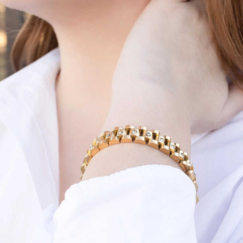 18K Gold & Stainless Steel Watch With Stones Band Bracelet for Men Women