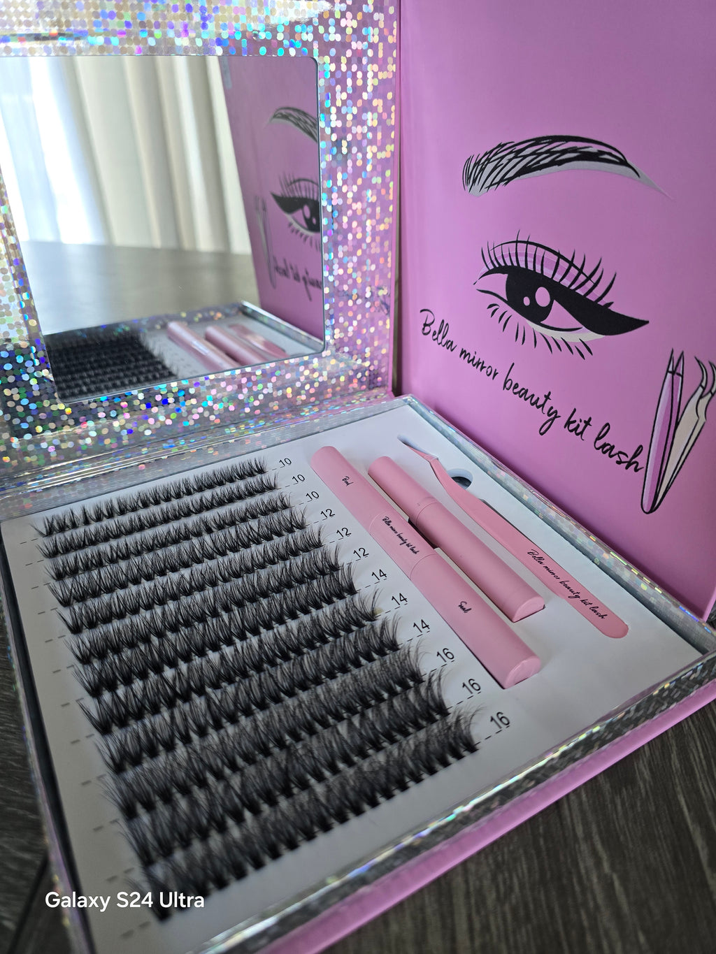 Bella Mirror Beauty Kit Lash - Complete Evelash Extension Set with Pink Case and Tools for Professional Use Eyelashes Extensions