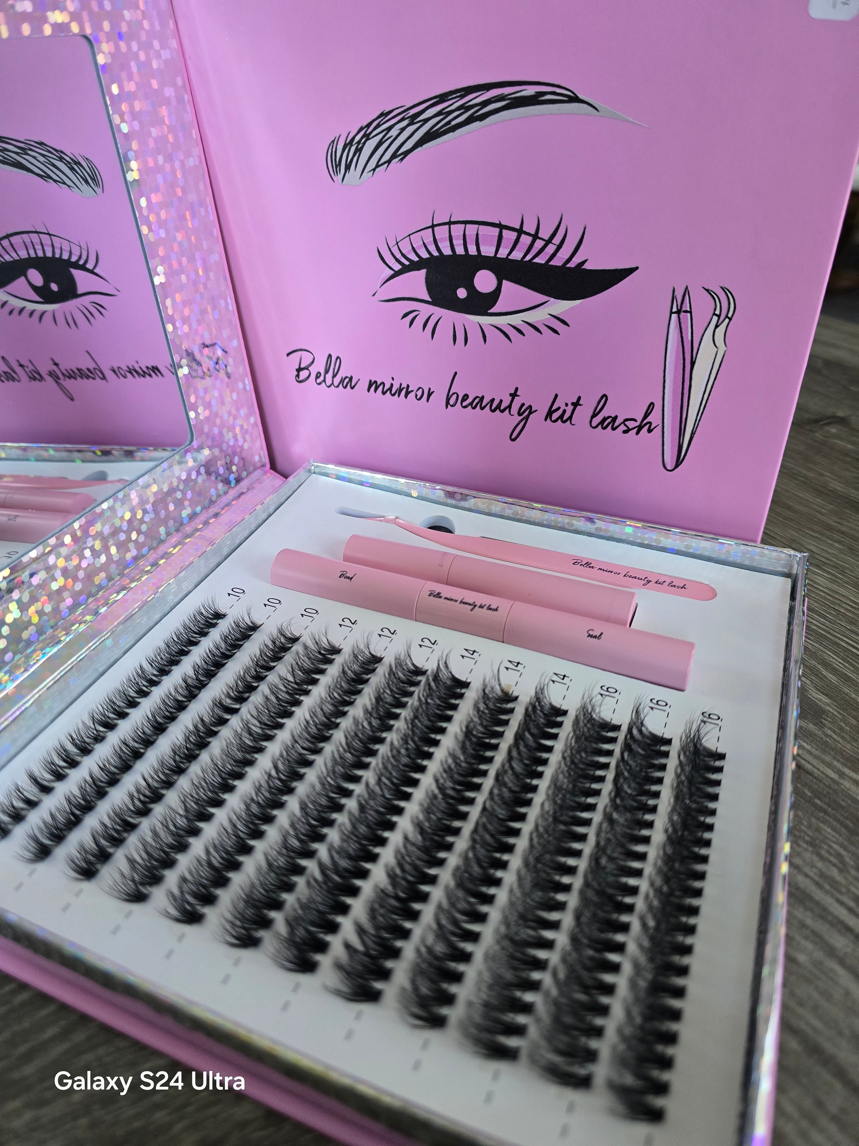 Bella Mirror Beauty Kit Lash - Complete Evelash Extension Set with Pink Case and Tools for Professional Use Eyelashes Extensions