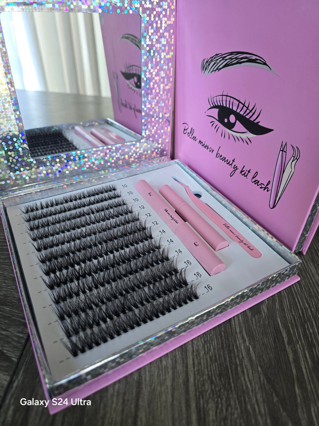 Bella Mirror Beauty Kit Lash - Complete Evelash Extension Set with Pink Case and Tools for Professional Use Eyelashes Extensions