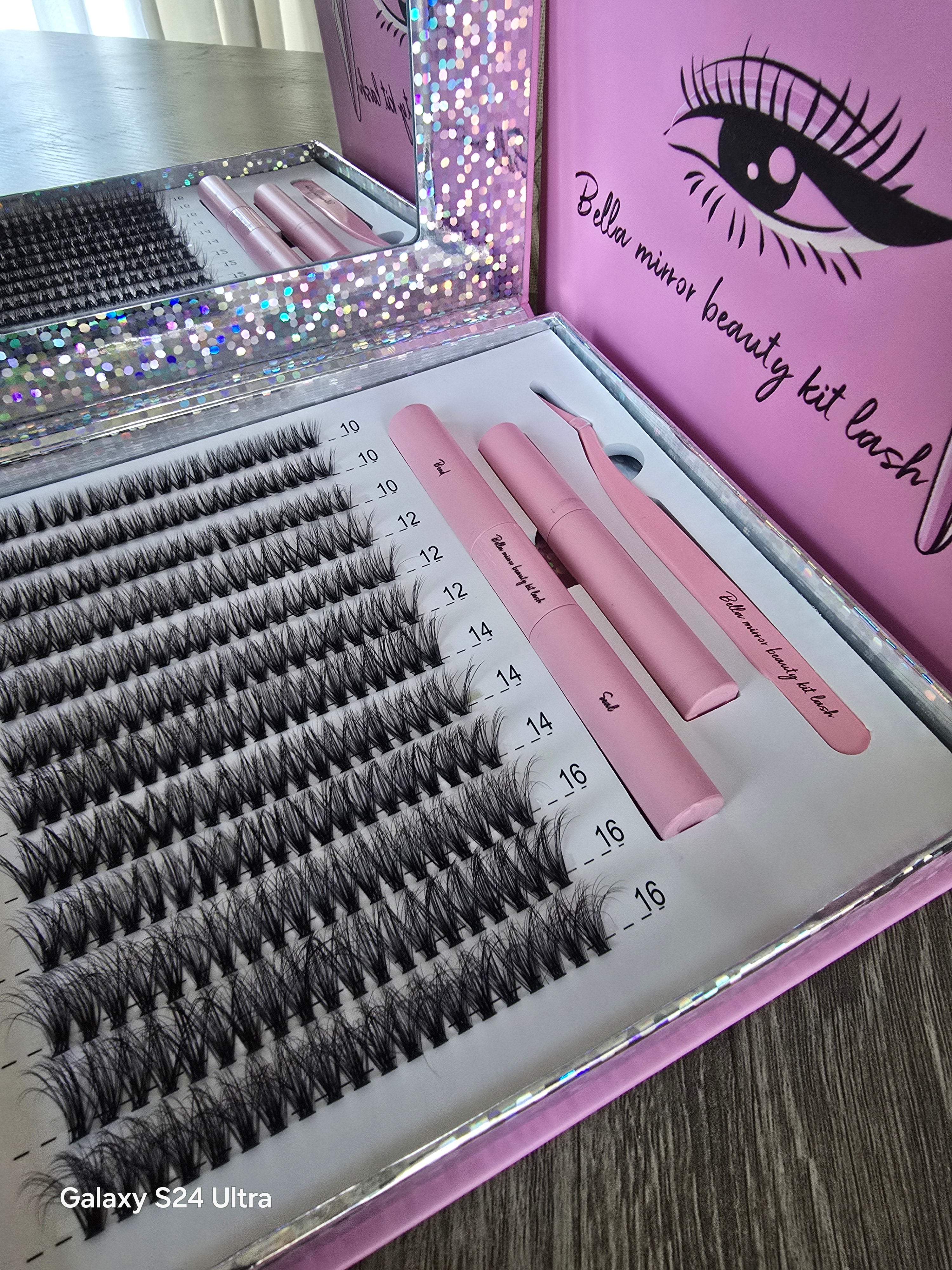 Bella Mirror Beauty Kit Lash - Complete Evelash Extension Set with Pink Case and Tools for Professional Use Eyelashes Extensions