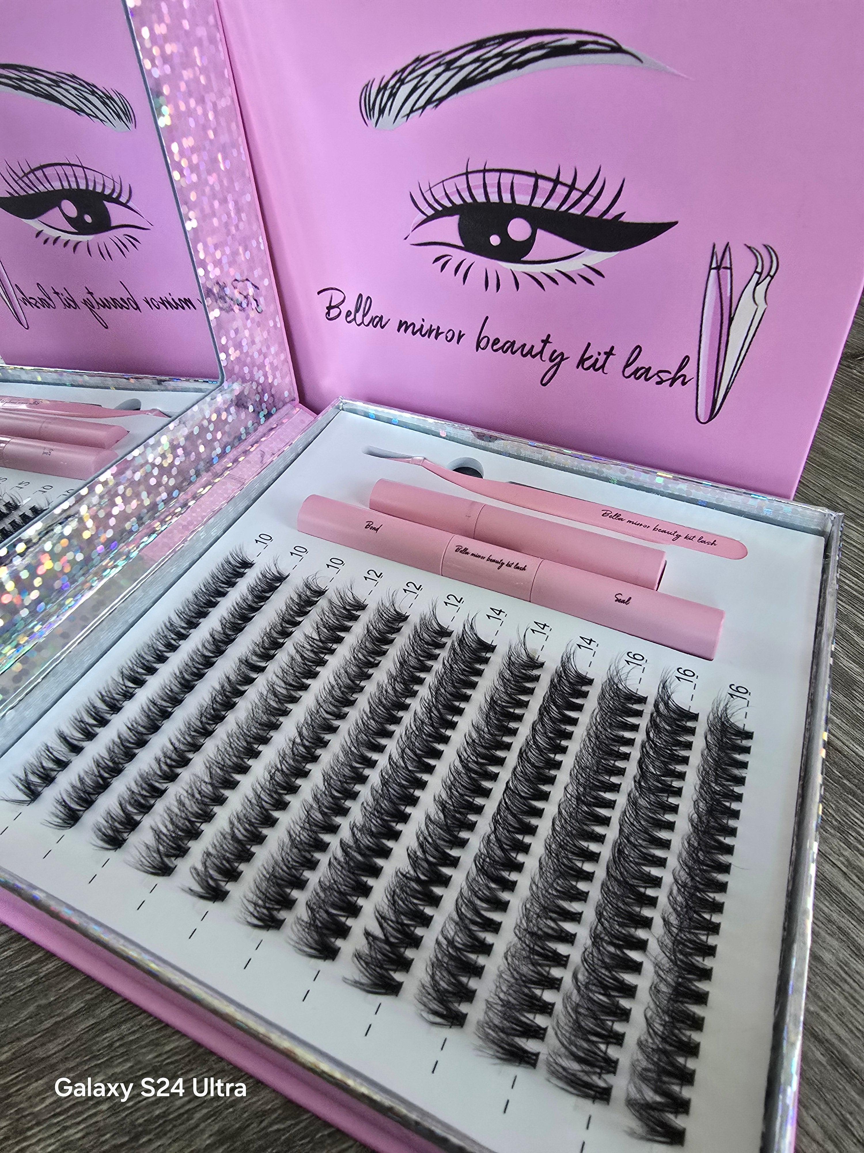 Bella Mirror Beauty Kit Lash - Complete Evelash Extension Set with Pink Case and Tools for Professional Use Eyelashes Extensions
