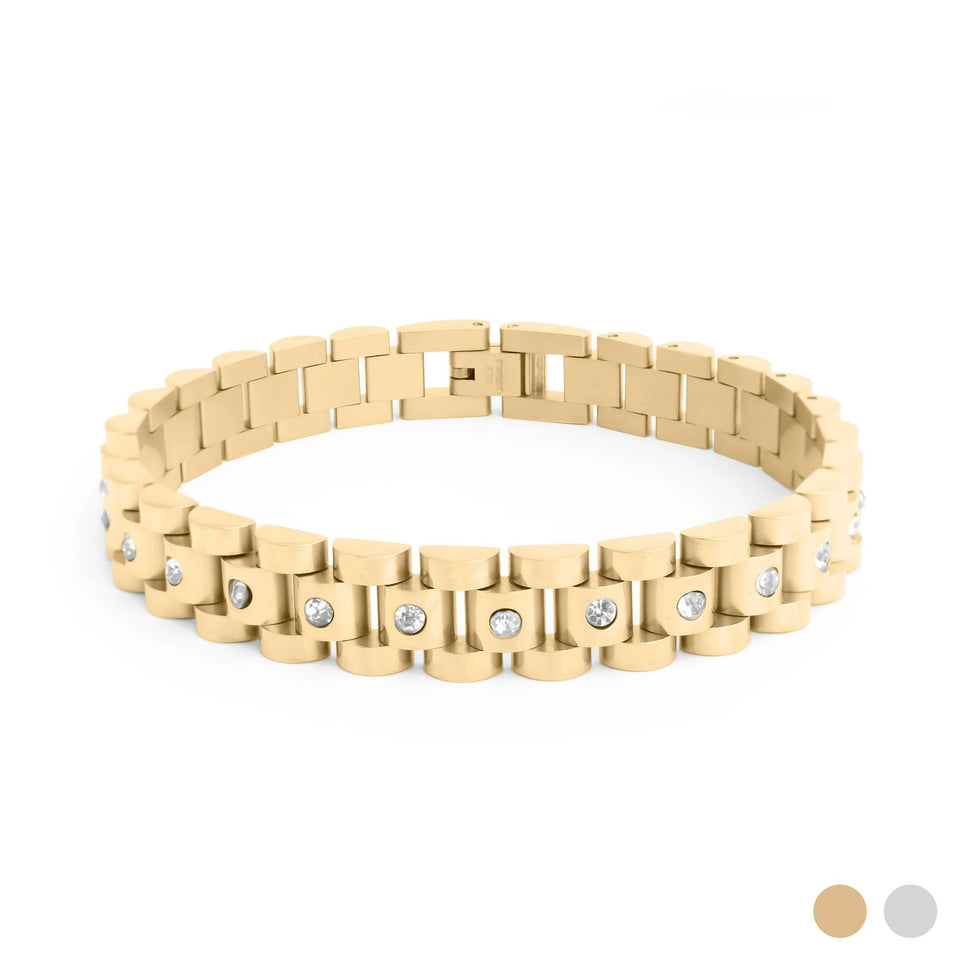 18K Gold & Stainless Steel Watch With Stones Band Bracelet for Men Women